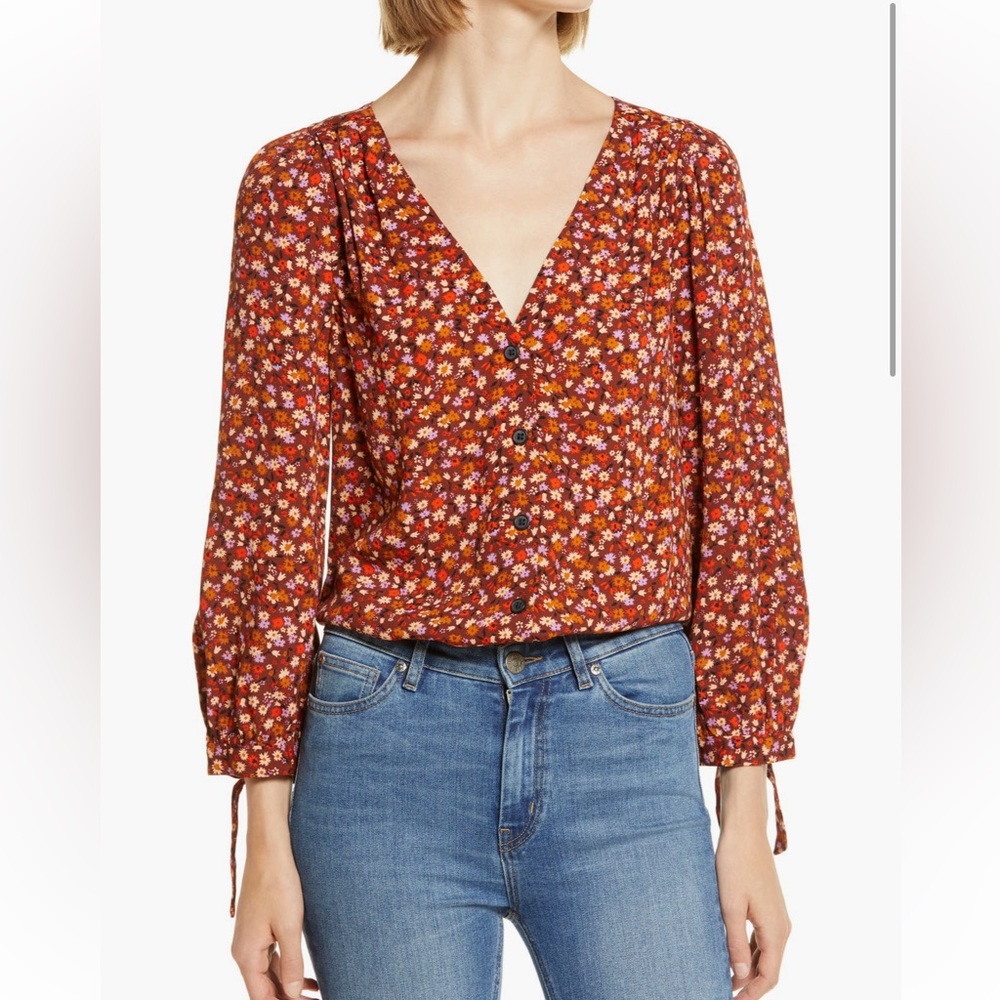 Madewell Spring Prairie Tie Sleeve Button Front Top
